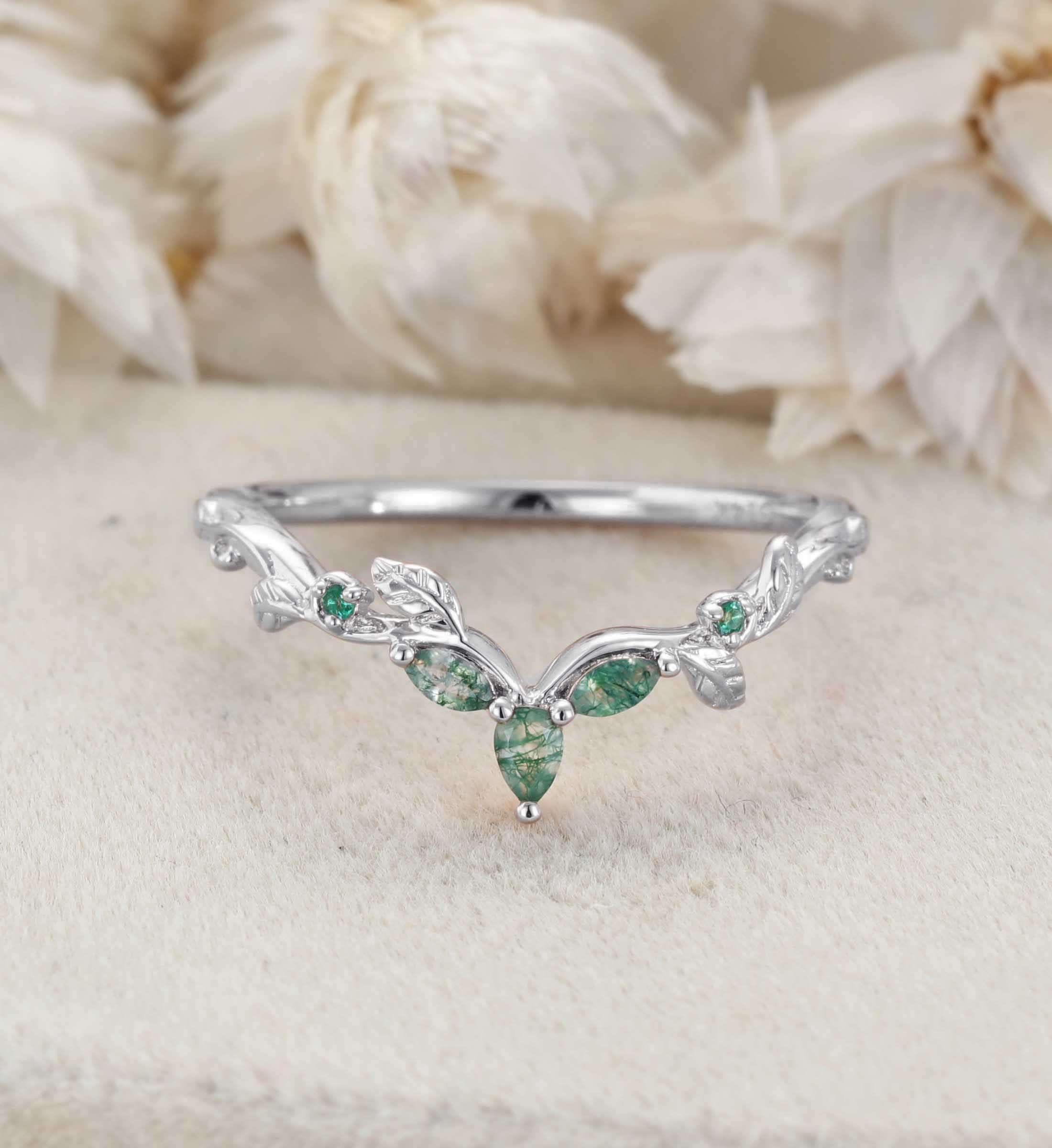 Nature Inspired Moss Agate Wedding Band 14K Rose Gold Curved Vintage Curved Leaf Design Wedding Band Anniversary Gifts