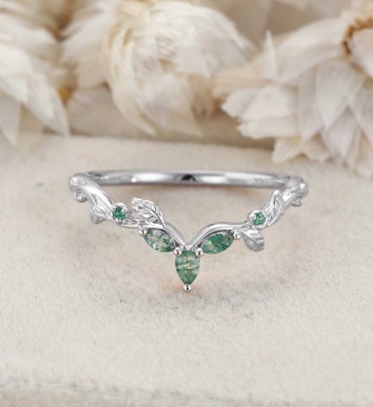 Nature Inspired Moss Agate Wedding Band 14K Rose Gold Curved Vintage Curved Leaf Design Wedding Band Anniversary Gifts