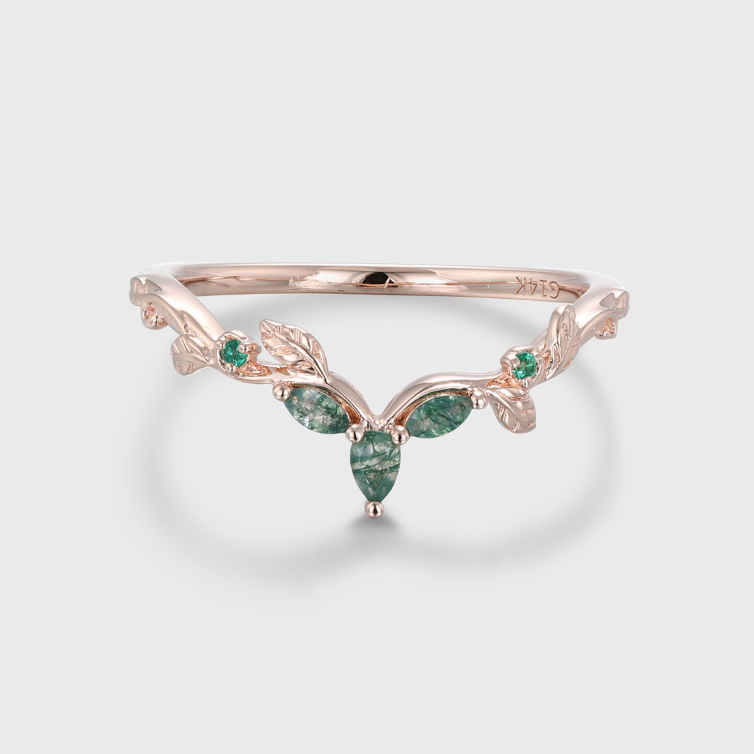 Nature Inspired Moss Agate Wedding Band, 14K Rose Gold Curved Vintage Leaf Design, Unique Bridal Jewelry, Timeless Rose Gold Wedding Band, Organic Moss Agate Bridal Ring, Elegant Nature-Inspired Anniversary Gift