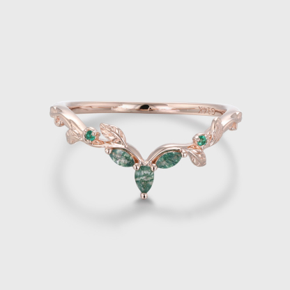 Nature Inspired Moss Agate Wedding Band, 14K Rose Gold Curved Vintage Leaf Design, Unique Bridal Jewelry, Timeless Rose Gold Wedding Band, Organic Moss Agate Bridal Ring, Elegant Nature-Inspired Anniversary Gift
