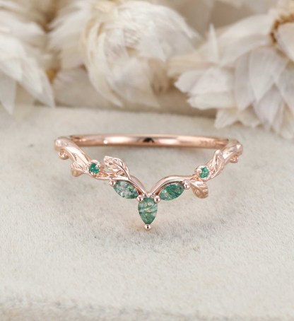 Nature Inspired Moss Agate Wedding Band 14K Rose Gold Curved Vintage Curved Leaf Design Wedding Band Anniversary Gifts