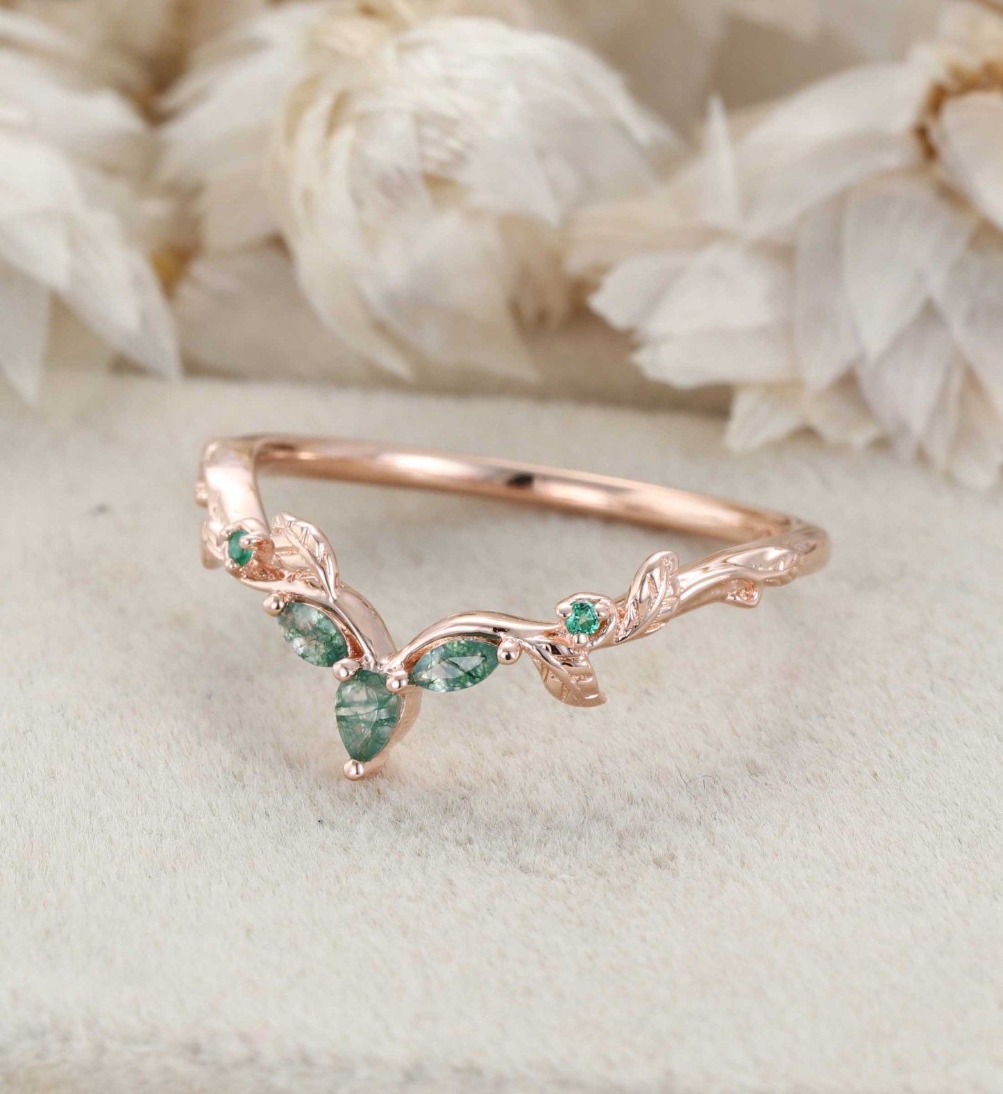 Nature Inspired Moss Agate Wedding Band 14K Rose Gold Curved Vintage Curved Leaf Design Wedding Band Anniversary Gifts