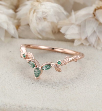 Nature Inspired Moss Agate Wedding Band 14K Rose Gold Curved Vintage Curved Leaf Design Wedding Band Anniversary Gifts