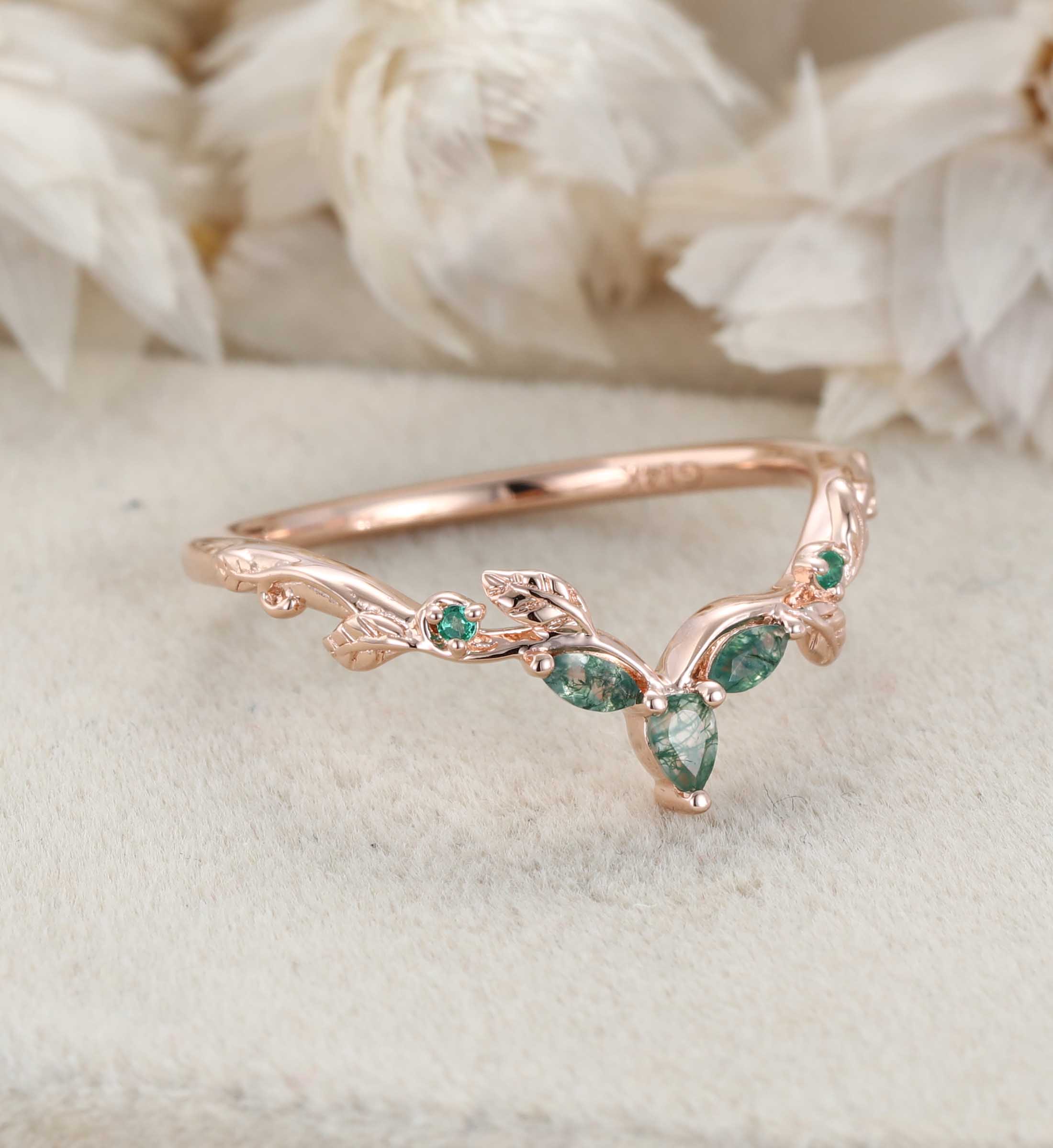 Nature Inspired Moss Agate Wedding Band 14K Rose Gold Curved Vintage Curved Leaf Design Wedding Band Anniversary Gifts