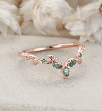 Nature Inspired Moss Agate Wedding Band 14K Rose Gold Curved Vintage Curved Leaf Design Wedding Band Anniversary Gifts