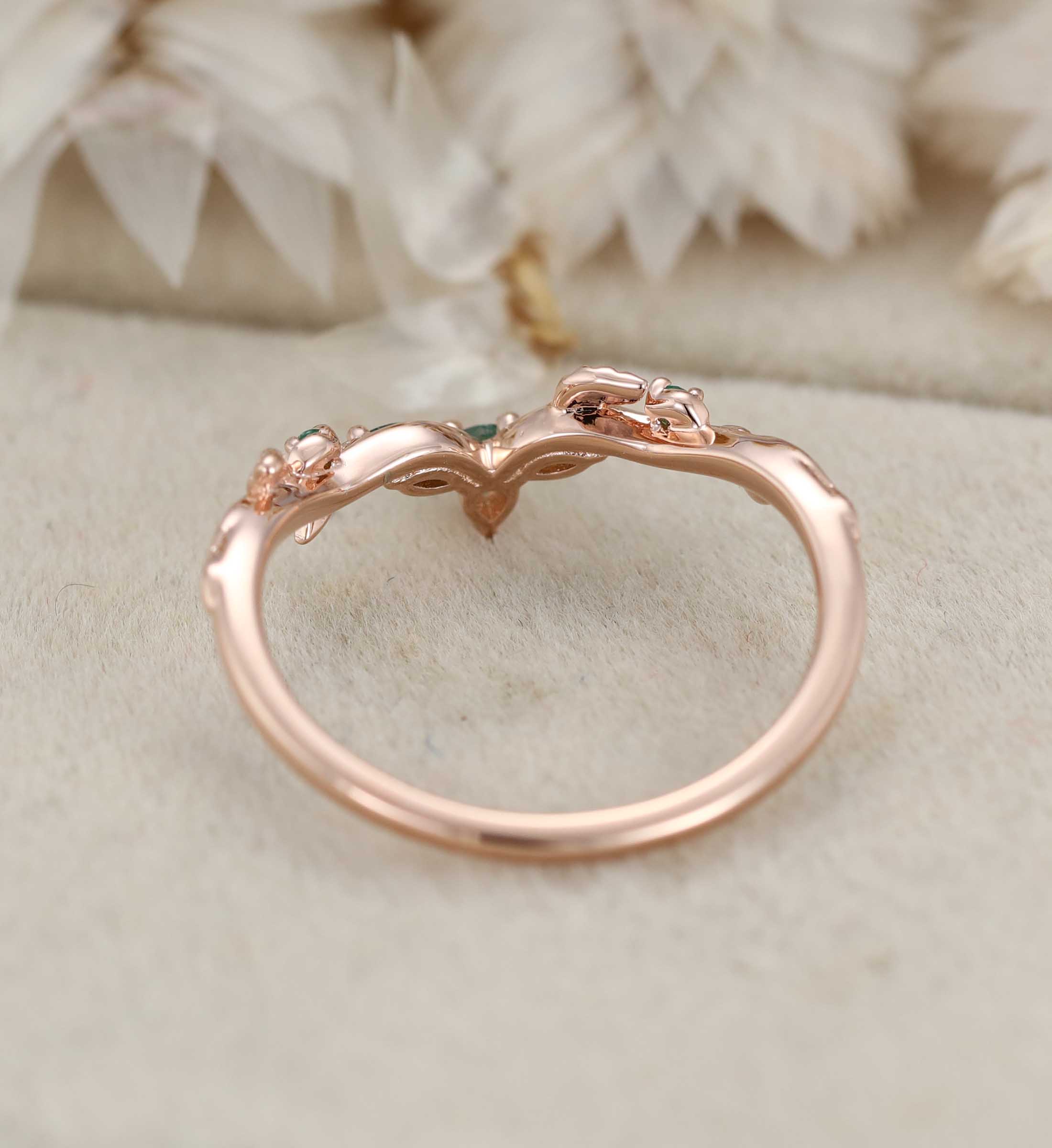 Nature Inspired Moss Agate Wedding Band 14K Rose Gold Curved Vintage Curved Leaf Design Wedding Band Anniversary Gifts