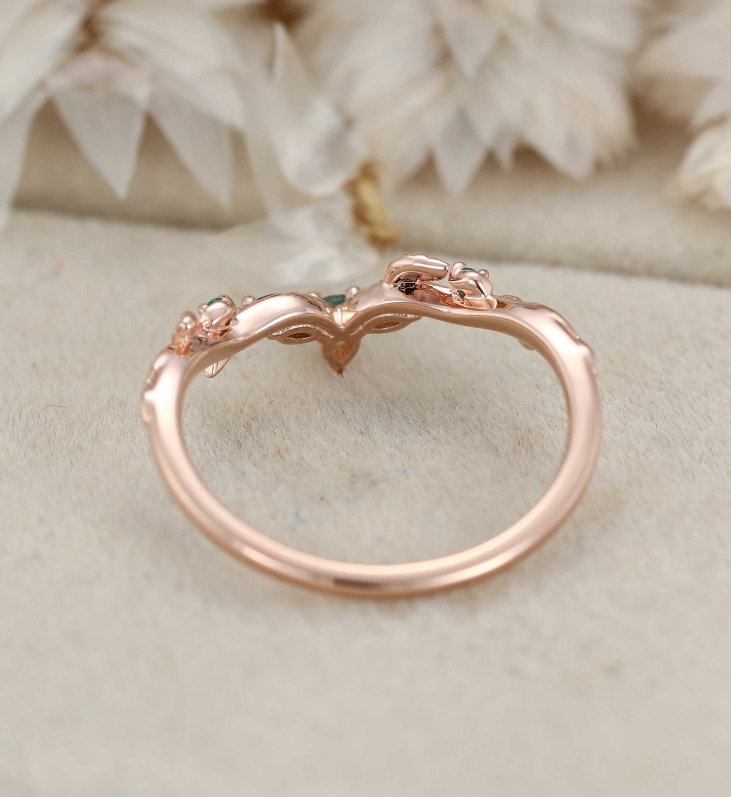 Nature Inspired Moss Agate Wedding Band 14K Rose Gold Curved Vintage Curved Leaf Design Wedding Band Anniversary Gifts