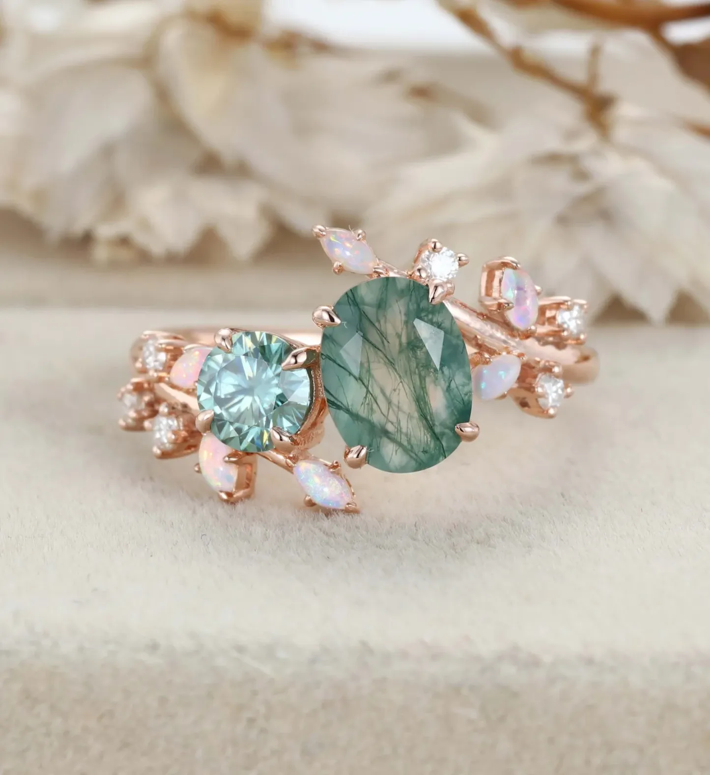 Nature Inspired Oval Moss Agate Ring Green Moissanite Double Stone Engagement Ring Opal Leaf Design Ring