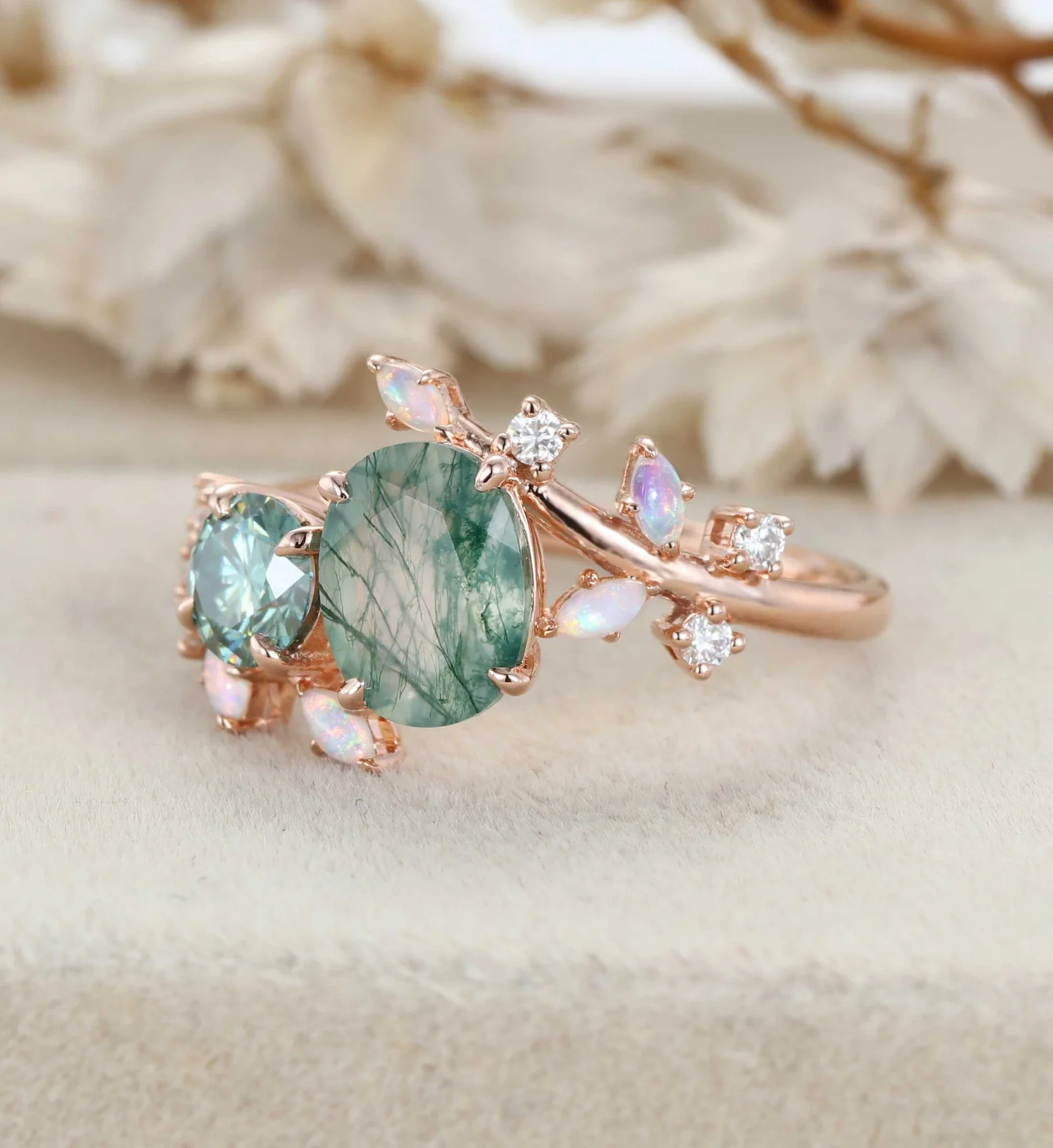 Nature Inspired Oval Moss Agate Ring Green Moissanite Double Stone Engagement Ring Opal Leaf Design Ring