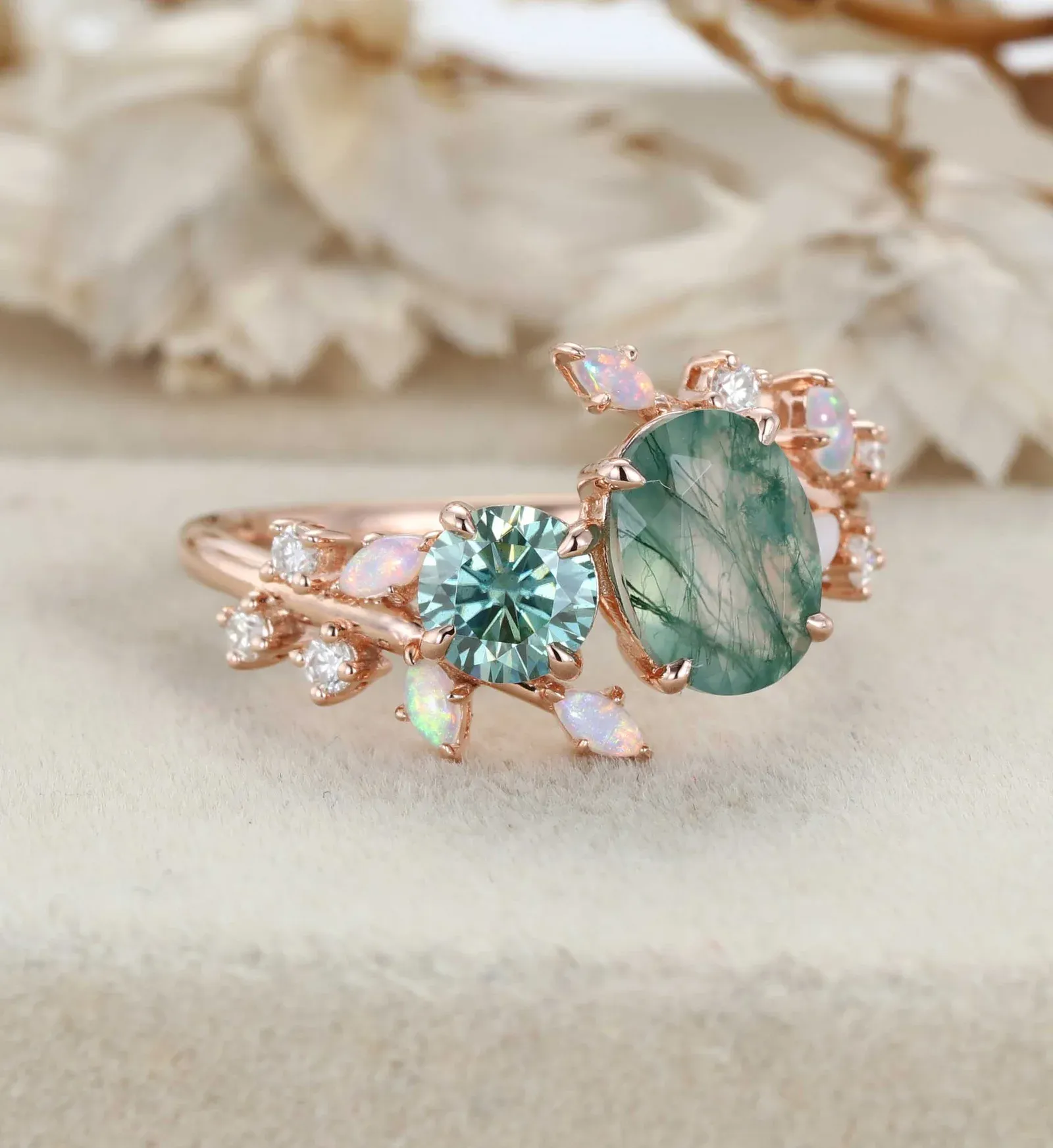 Nature Inspired Oval Moss Agate Ring Green Moissanite Double Stone Engagement Ring Opal Leaf Design Ring