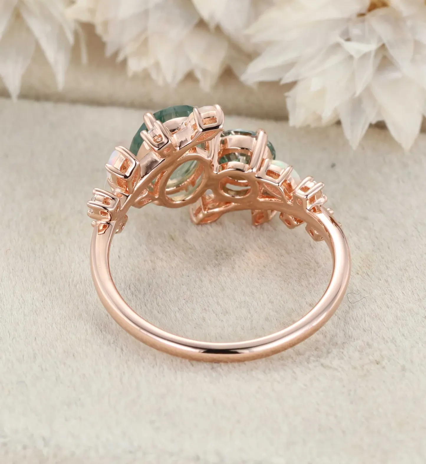 Nature Inspired Oval Moss Agate Ring Green Moissanite Double Stone Engagement Ring Opal Leaf Design Ring
