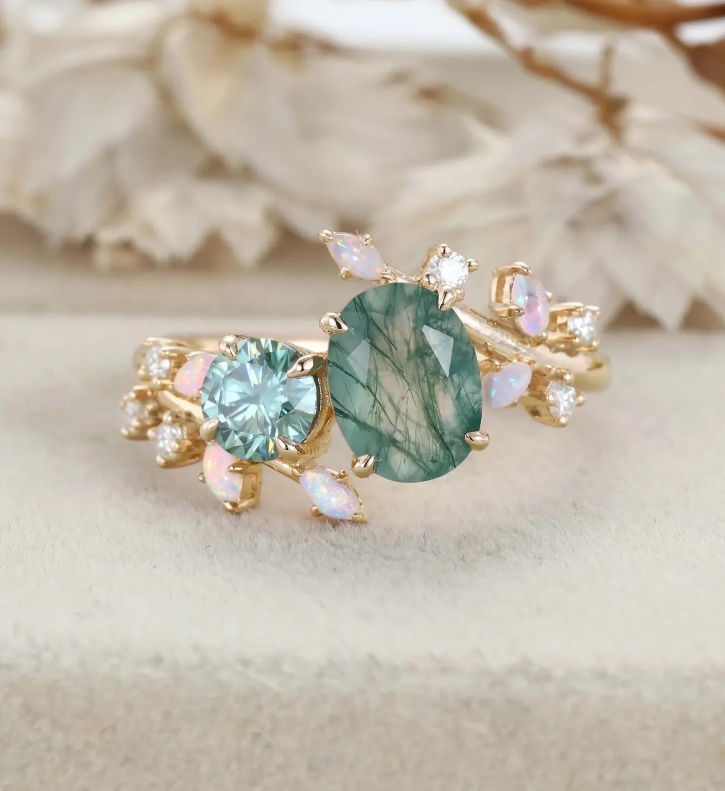 Nature Inspired Oval Moss Agate Ring Green Moissanite Double Stone Engagement Ring Opal Leaf Design Ring