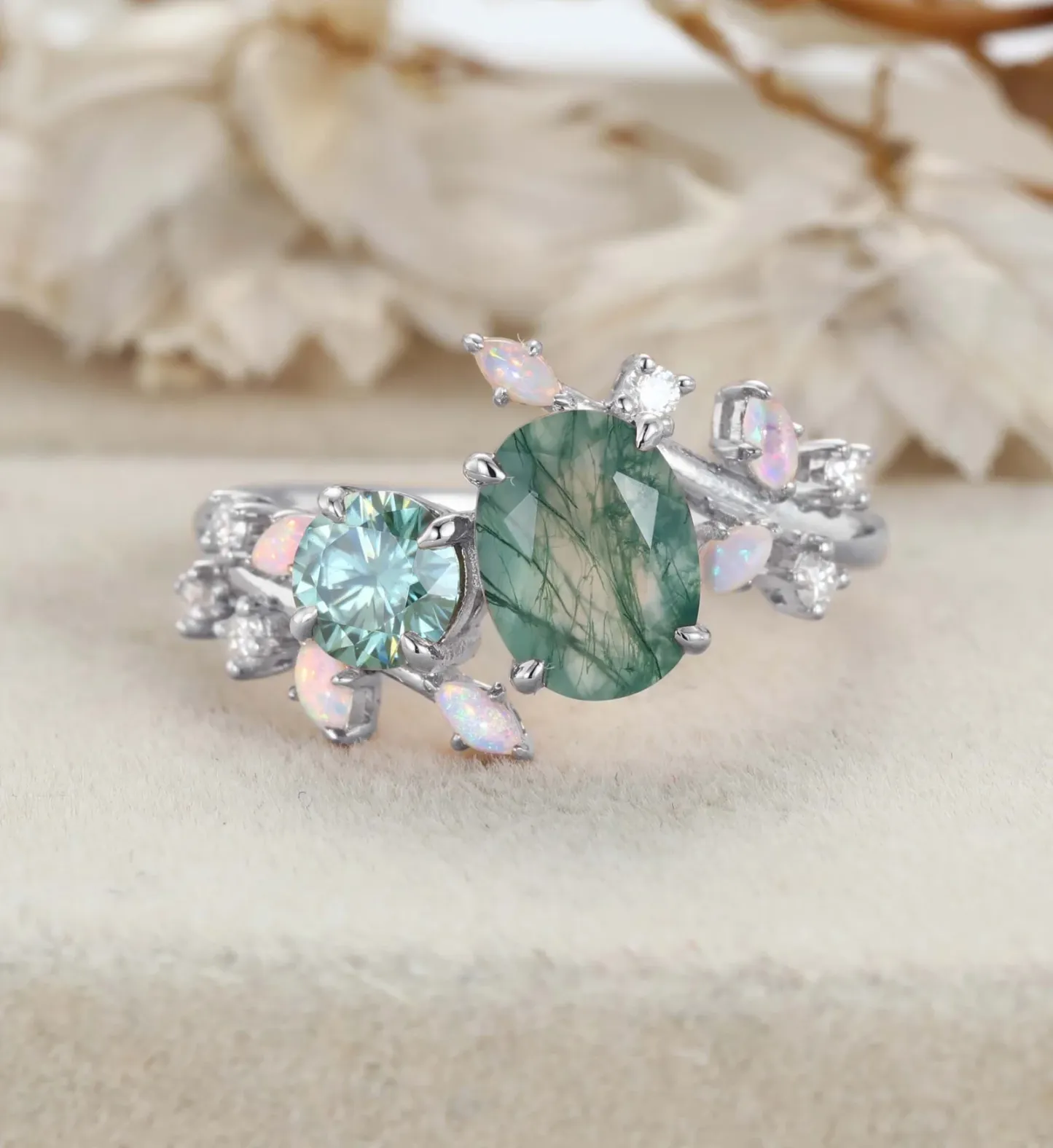 Nature Inspired Oval Moss Agate Ring Green Moissanite Double Stone Engagement Ring Opal Leaf Design Ring