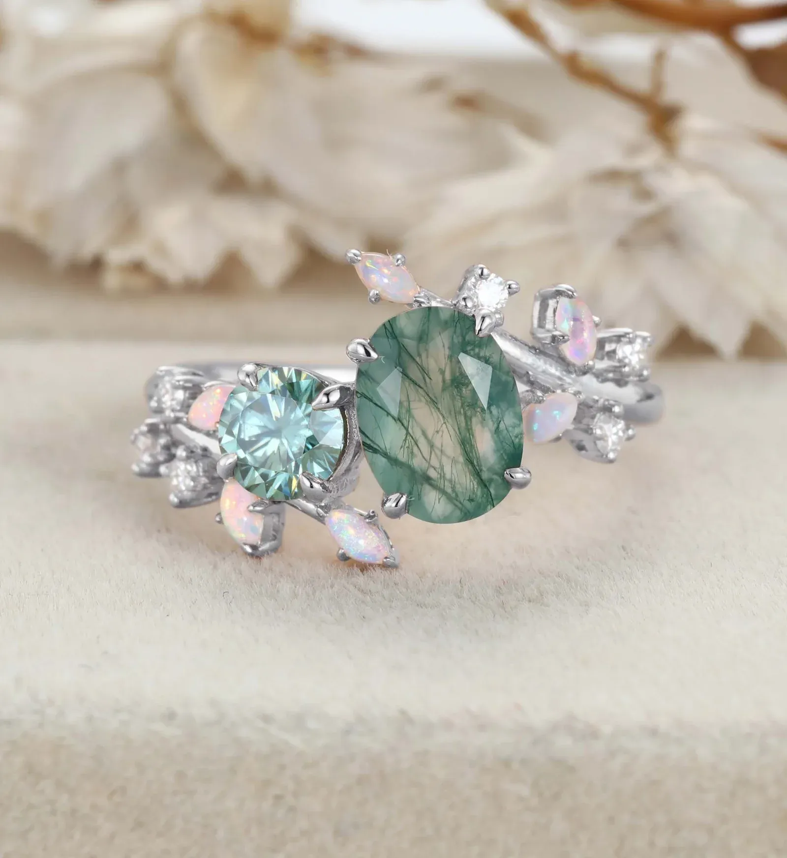 Nature Inspired Oval Moss Agate Ring Green Moissanite Double Stone Engagement Ring Opal Leaf Design Ring