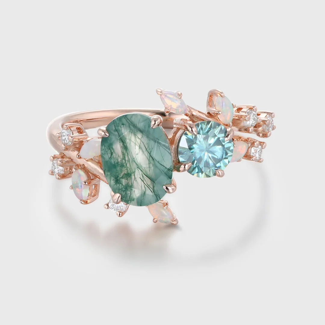 Nature Inspired Oval Moss Agate Ring Green Moissanite Double Stone Engagement Ring Opal Leaf Design Ring