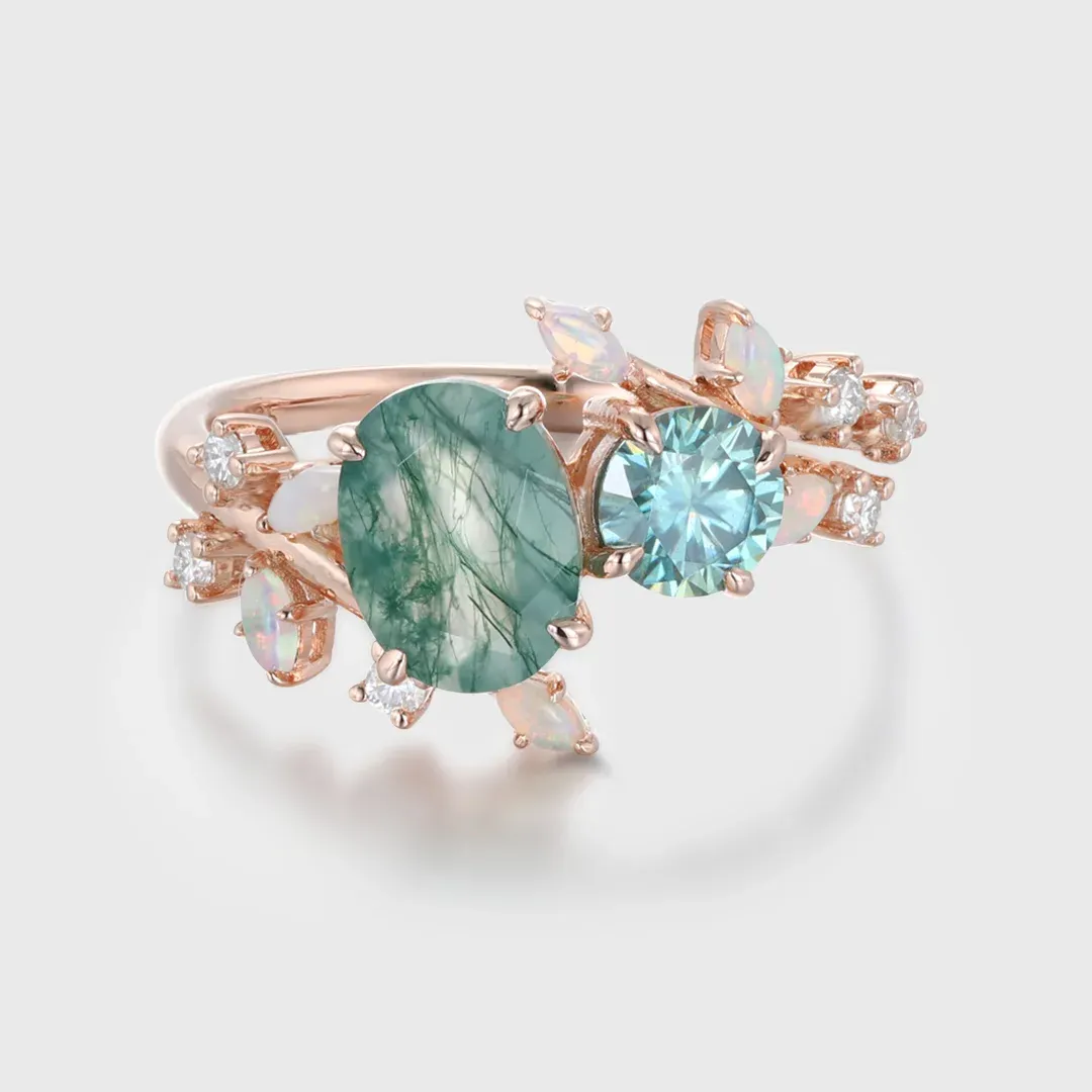 Nature Inspired Oval Moss Agate Ring Green Moissanite Double Stone Engagement Ring Opal Leaf Design Ring