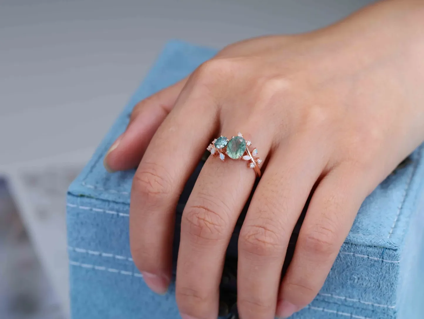 Nature Inspired Oval Moss Agate Ring Green Moissanite Double Stone Engagement Ring Opal Leaf Design Ring
