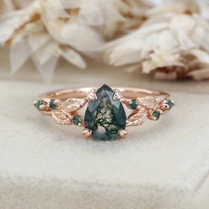 Nature Inspired Pear Cut Moss Agate Engagement Ring Vintage Rose Gold Wedding Ring Twist leaf Anniversary Band Gift