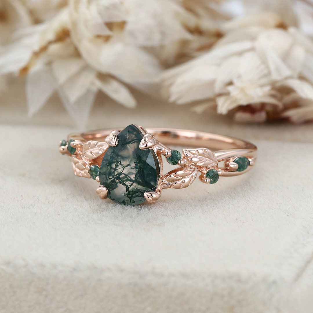 Nature Inspired Pear Cut Moss Agate Engagement Ring Vintage Rose Gold Wedding Ring Twist leaf Anniversary Band Gift