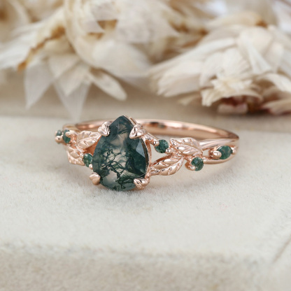 Nature Inspired Pear Cut Moss Agate Engagement Ring Vintage Rose Gold Wedding Ring Twist leaf Anniversary Band Gift