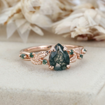 Nature Inspired Pear Cut Moss Agate Engagement Ring Vintage Rose Gold Wedding Ring Twist leaf Anniversary Band Gift