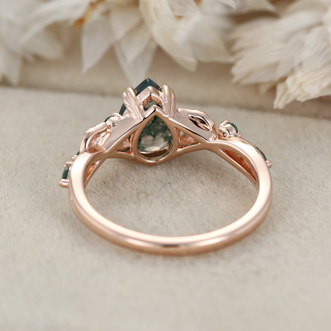 Nature Inspired Pear Cut Moss Agate Engagement Ring Vintage Rose Gold Wedding Ring Twist leaf Anniversary Band Gift