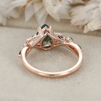 Nature Inspired Pear Cut Moss Agate Engagement Ring Vintage Rose Gold Wedding Ring Twist leaf Anniversary Band Gift