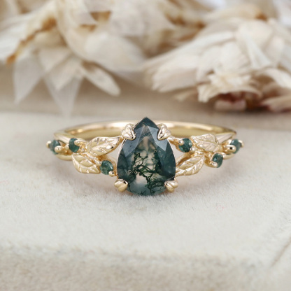 Nature Inspired Pear Cut Moss Agate Engagement Ring Vintage Rose Gold Wedding Ring Twist leaf Anniversary Band Gift