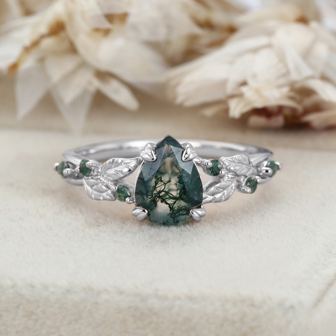 Nature Inspired Pear Cut Moss Agate Engagement Ring Vintage Rose Gold Wedding Ring Twist leaf Anniversary Band Gift