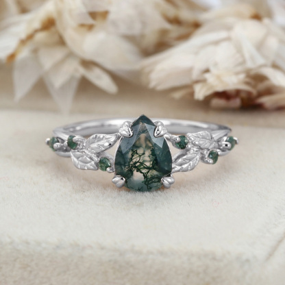 Nature Inspired Pear Cut Moss Agate Engagement Ring Vintage Rose Gold Wedding Ring Twist leaf Anniversary Band Gift
