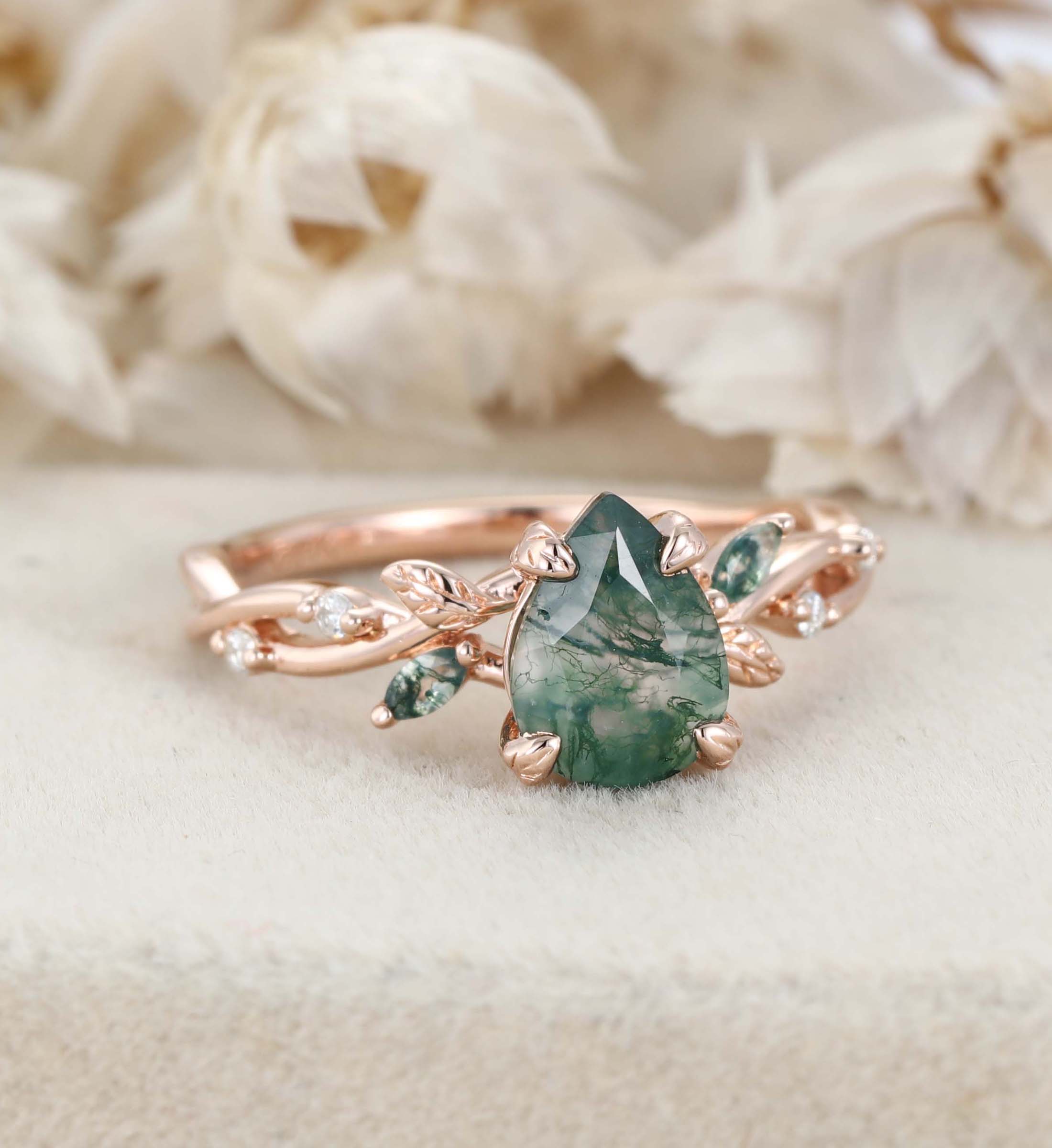 Nature-Inspired Pear Cut Moss Agate Engagement Ring - Vintage Rose