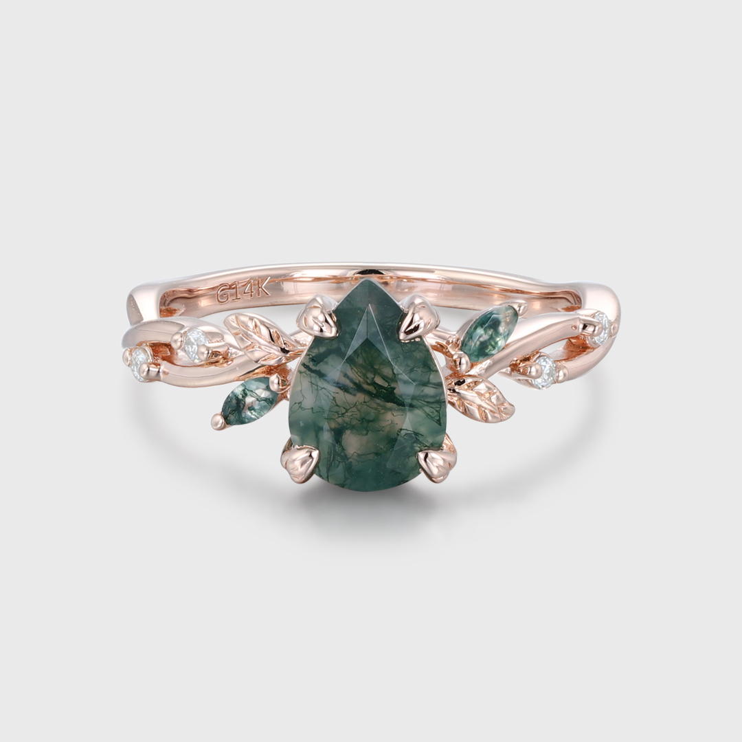 Nature Inspired Pear cut Moss Agate Engagement Ring Vintage Rose Gold Moss Leaf design art deco Ring Wedding Bridal Anniversary Promise Gift