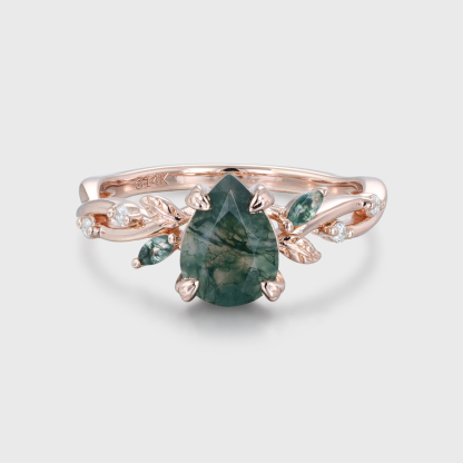 Nature Inspired Pear cut Moss Agate Engagement Ring Vintage Rose Gold Moss Leaf design art deco Ring Wedding Bridal Anniversary Promise Gift