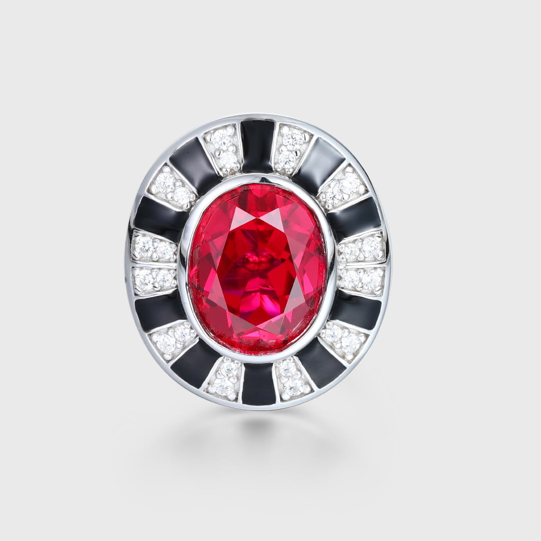 Nicola Design Oval Cut Lab Grown Ruby Brooch Vintage Art Deco 14K White Gold Brooch