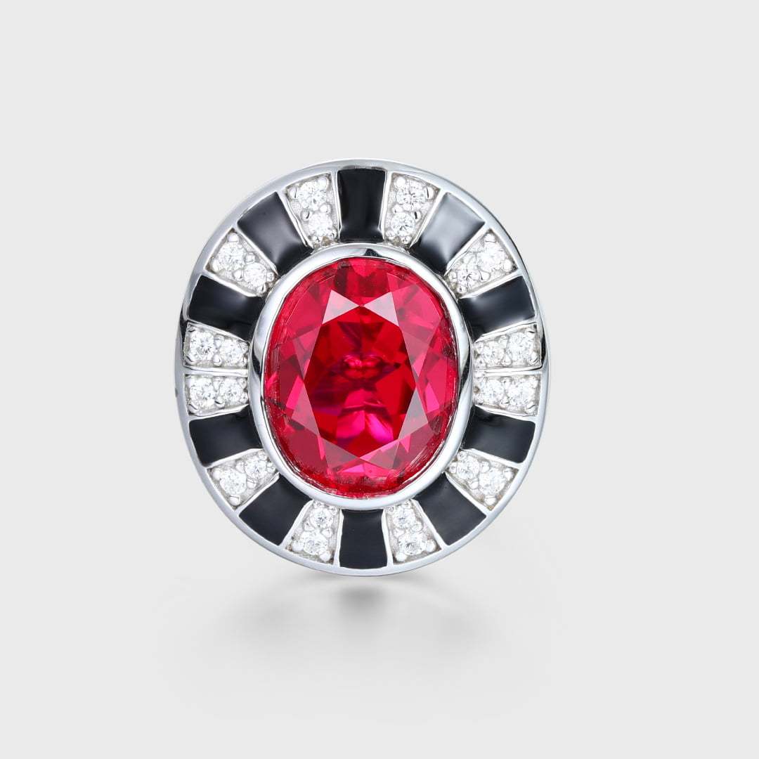Nicola Design Oval Cut Lab Grown Ruby Brooch Vintage Art Deco 14K White Gold Brooch