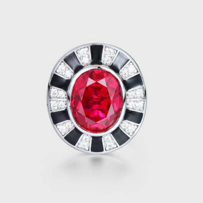 Nicola Design Oval Cut Lab Grown Ruby Brooch Vintage Art Deco 14K White Gold Brooch