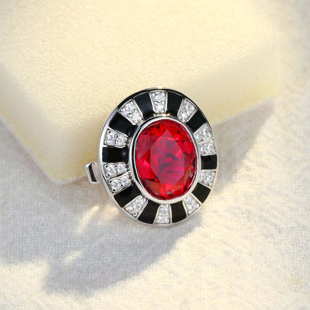 Nicola Design Oval Cut Lab Grown Ruby Brooch Vintage Art Deco 14K White Gold Brooch