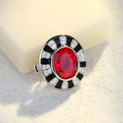 Nicola Design Oval Cut Lab Grown Ruby Brooch Vintage Art Deco 14K White Gold Brooch