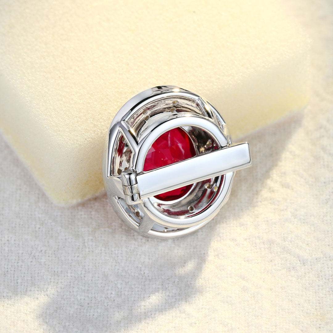 Nicola Design Oval Cut Lab Grown Ruby Brooch Vintage Art Deco 14K White Gold Brooch
