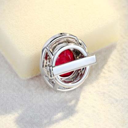 Nicola Design Oval Cut Lab Grown Ruby Brooch Vintage Art Deco 14K White Gold Brooch