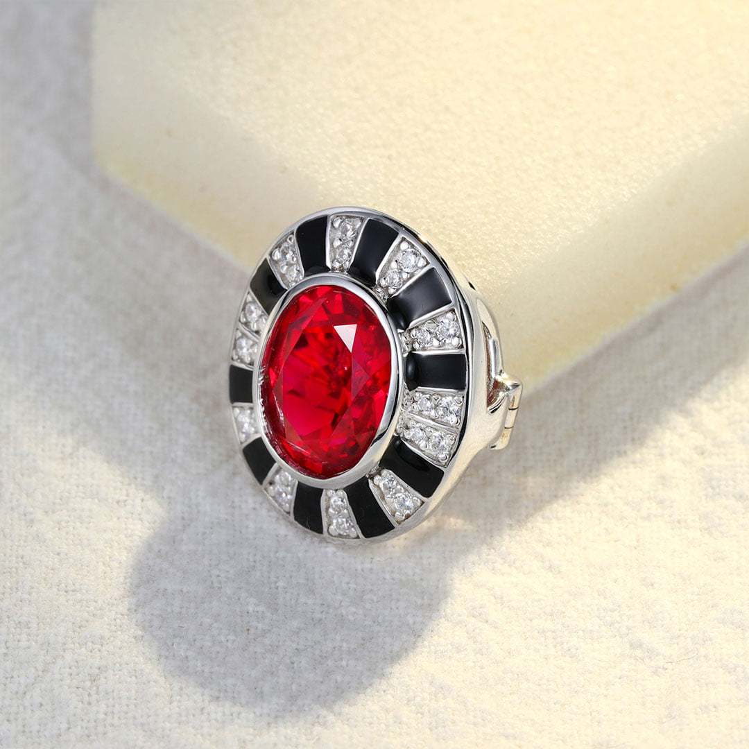 Nicola Design Oval Cut Lab Grown Ruby Brooch Vintage Art Deco 14K White Gold Brooch