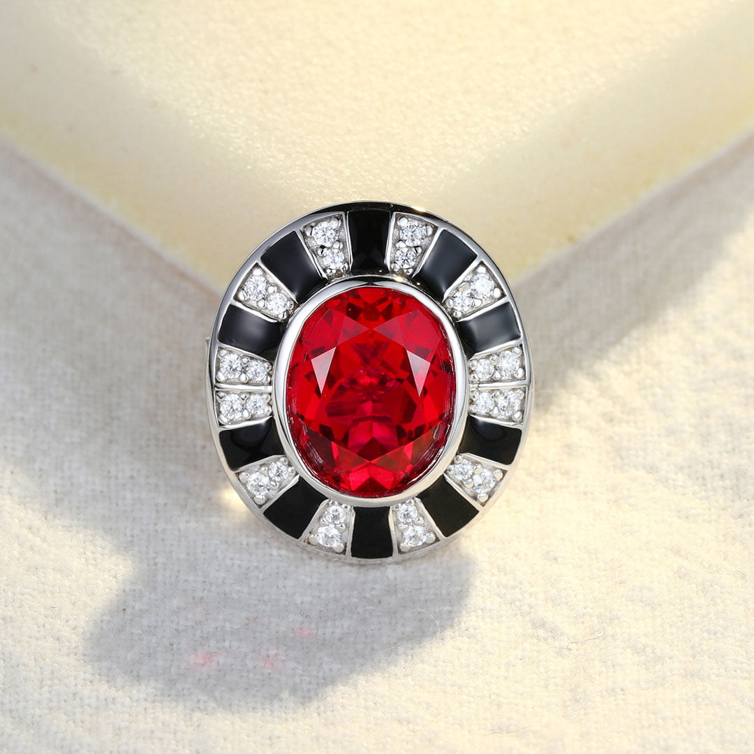 Nicola Design Oval Cut Lab Grown Ruby Brooch Vintage Art Deco 14K White Gold Brooch