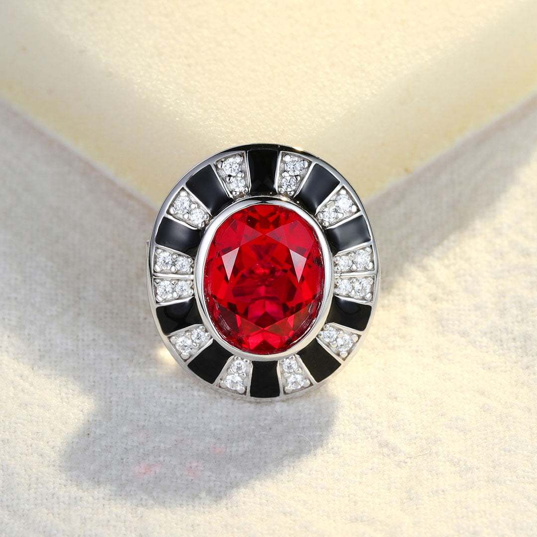Nicola Design Oval Cut Lab Grown Ruby Brooch Vintage Art Deco 14K White Gold Brooch