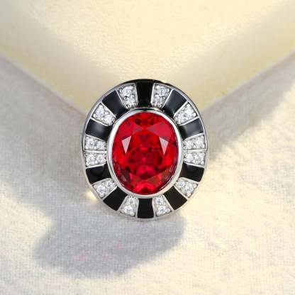 Nicola Design Oval Cut Lab Grown Ruby Brooch Vintage Art Deco 14K White Gold Brooch