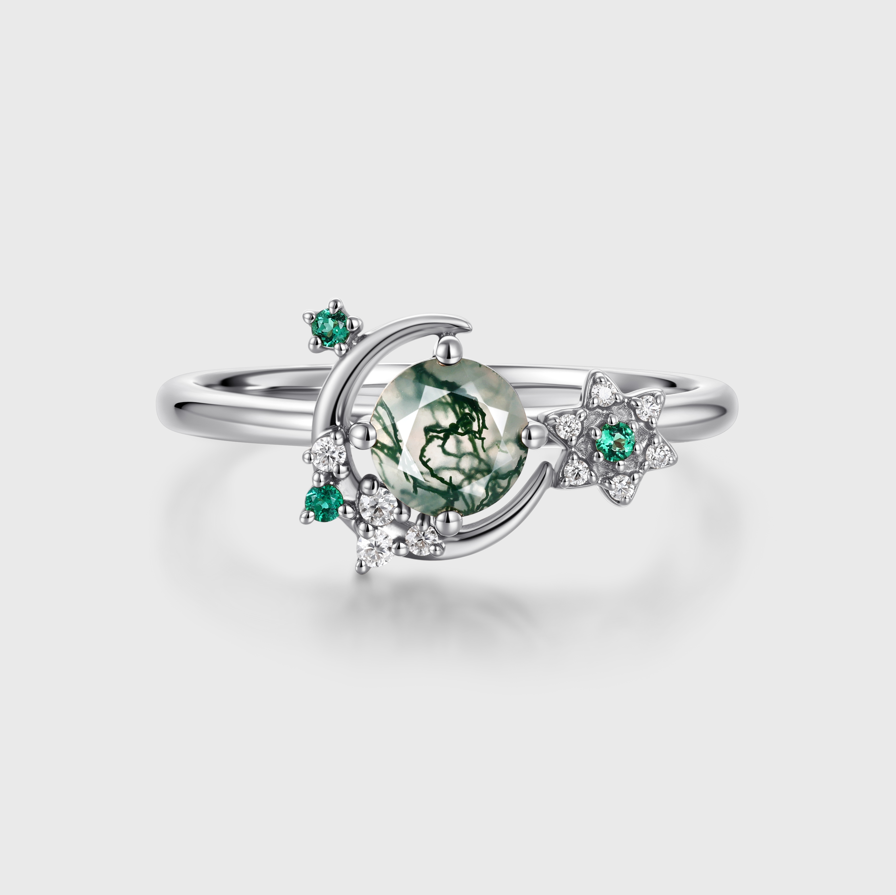 Round Moss Agate Ring Vintage Rose Gold Unique Moon Engagement Ring