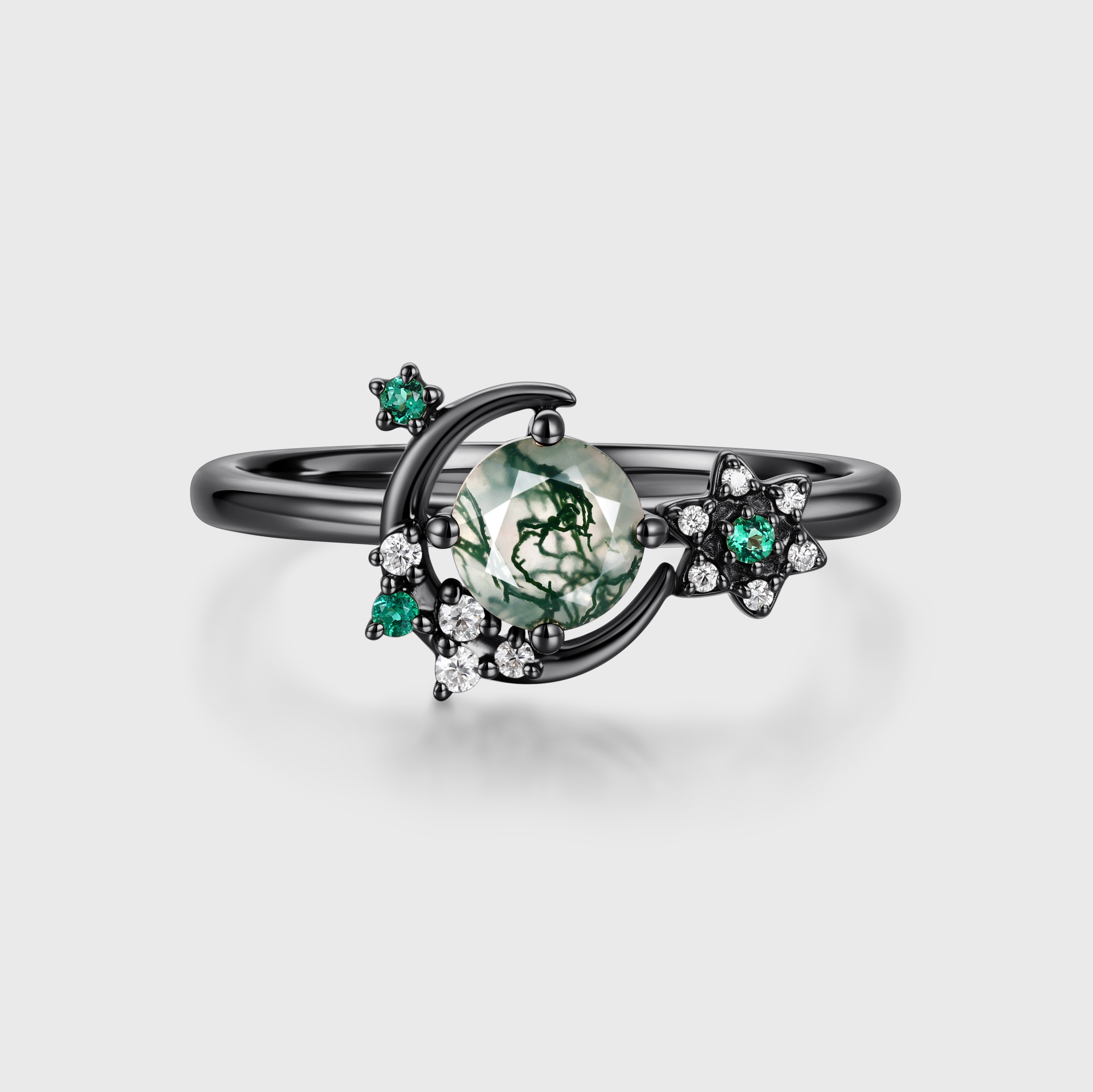 Round Moss Agate Ring Vintage Rose Gold Unique Moon Engagement Ring
