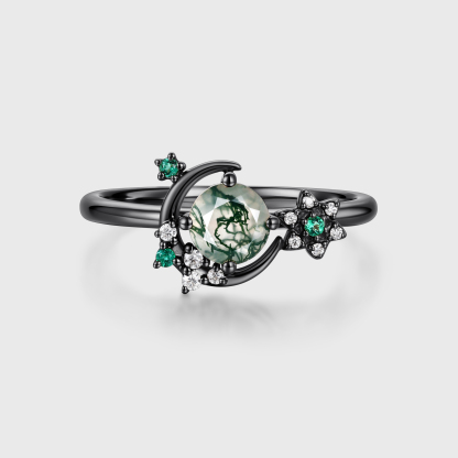 Round Moss Agate Ring Vintage Rose Gold Unique Moon Engagement Ring