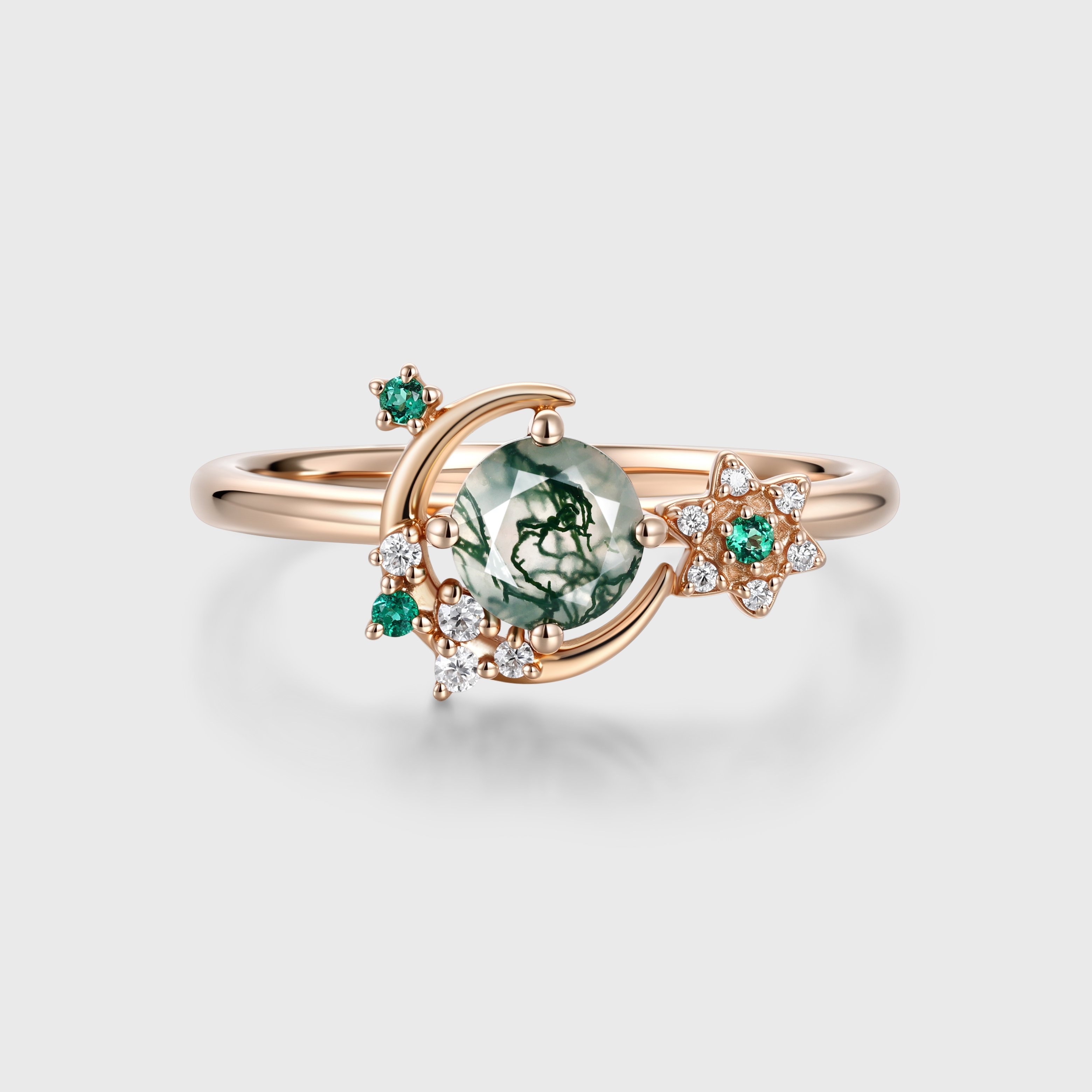 Round Moss Agate Ring Vintage Rose Gold Unique Moon Engagement Ring