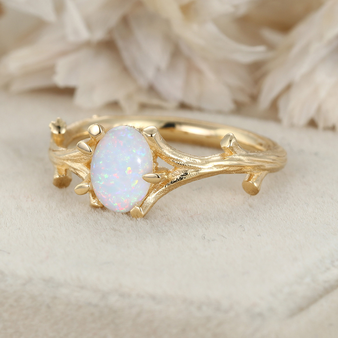 Opal Twig Engagement Ring in 14k Yellow Gold Engagement Ring Oval Cut Natural Opal Ring Anniversary Ring