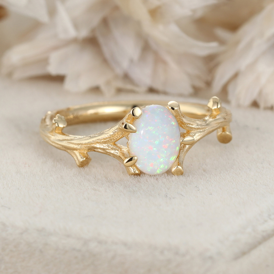 Opal Twig Engagement Ring in 14k Yellow Gold Engagement Ring Oval Cut Natural Opal Ring Anniversary Ring